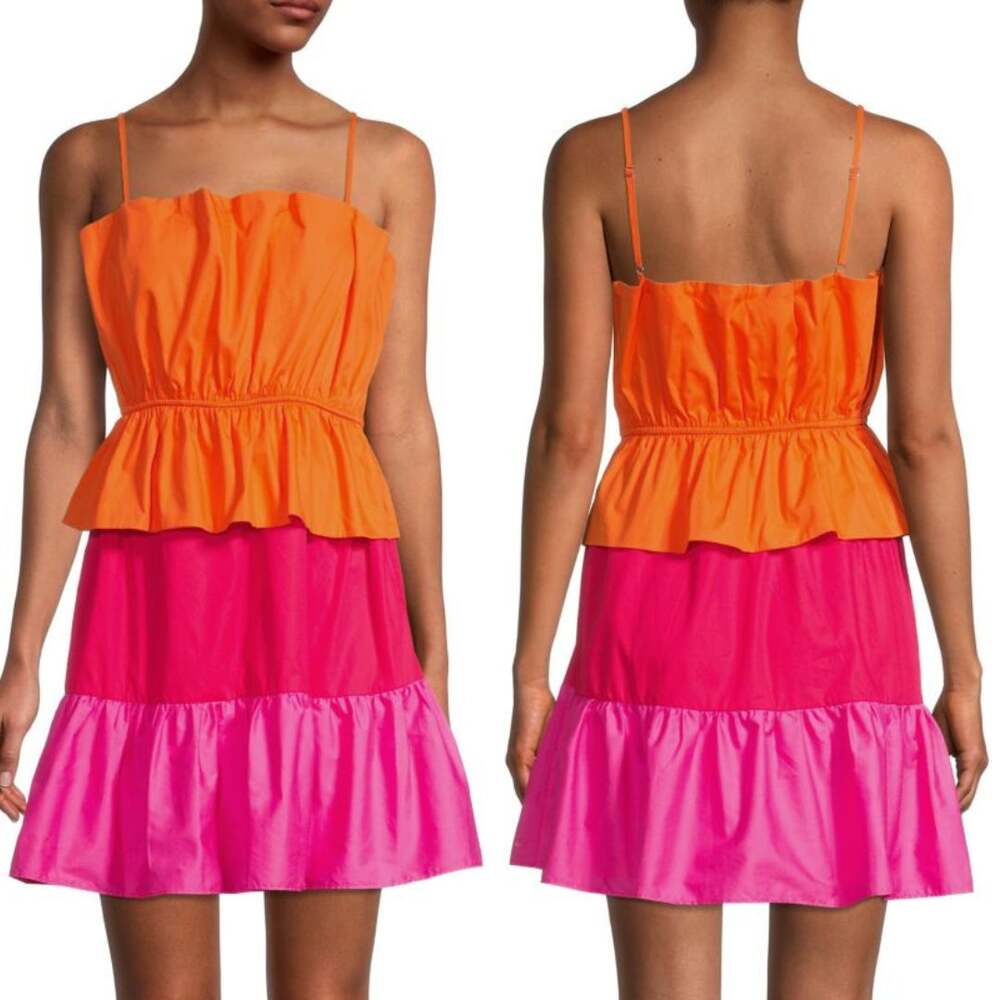 Chloe + Rene NEW Orange & Pink Colorblock Sleeveless Tiered Poplin Mini Dress